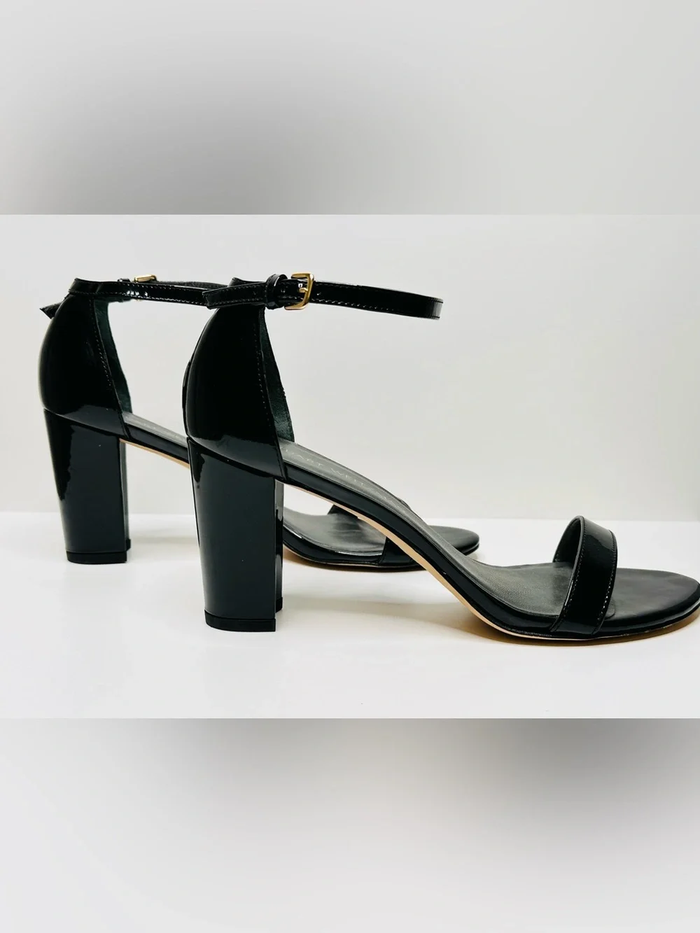 Stuart Weitzman Black Patent Leather Nudist Curve Ankle-Strap Heels Shoes Sandal